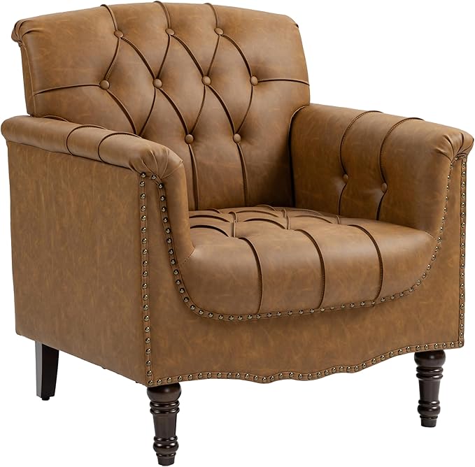 UIXE Faux Leather Accent Chair for Living Room, Upholstered Retro Armchair Tufted Club Arm Chair Single Sofa Lounge Bedroom Side Reading Seating with Solid Wood Legs, Camel