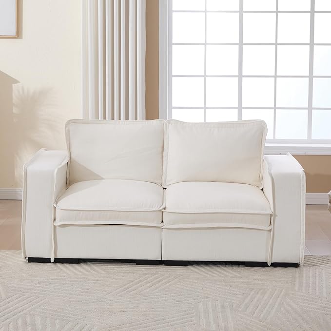 Modern Sectional Sofa for Living Room, Upholstered 2-Seater Modular Couches Linen Fabric Love Seat for Home Furniture, White