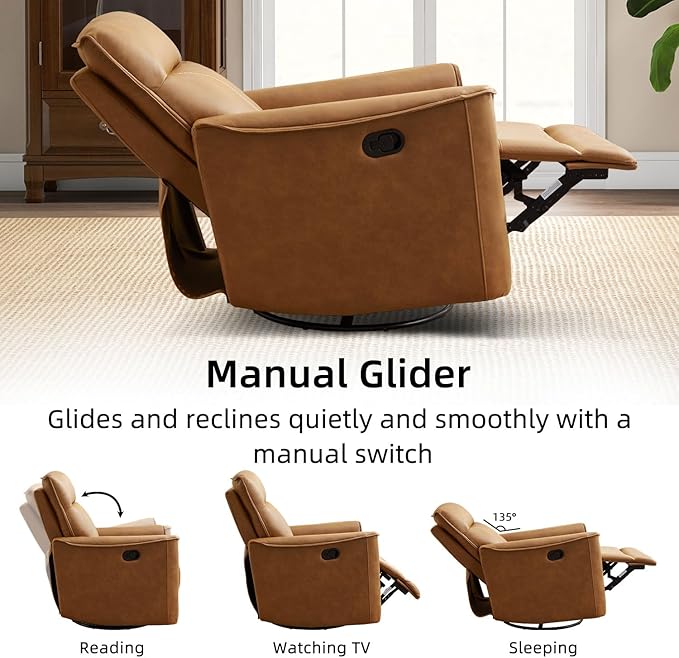 CANMOV Swivel Rocker Recliner, Glider Rocking Chair, Nursing Chairs Swivel Glider Recliners with Soft Backrest, Leathaire Manual Reclining Sofa for Living Room Bedroom Apartment, Brown