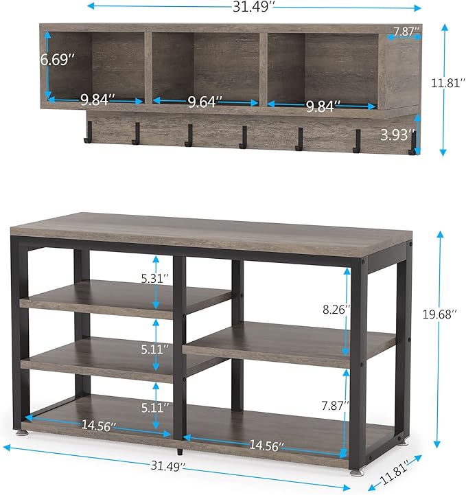 LITTLE TREE Coat Shoe Rack, Hall Tree Entryway Bench Set for Hallway, Living Room, Bedroom, Grey