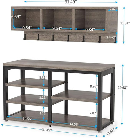 LITTLE TREE Coat Shoe Rack, Hall Tree Entryway Bench Set for Hallway, Living Room, Bedroom, Grey