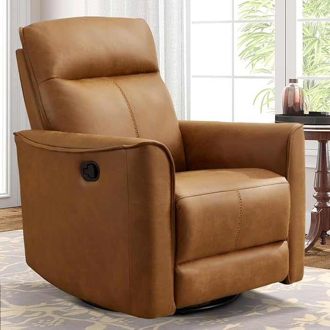 CANMOV Swivel Rocker Recliner, Glider Rocking Chair, Nursing Chairs Swivel Glider Recliners with Soft Backrest, Leathaire Manual Reclining Sofa for Living Room Bedroom Apartment, Brown