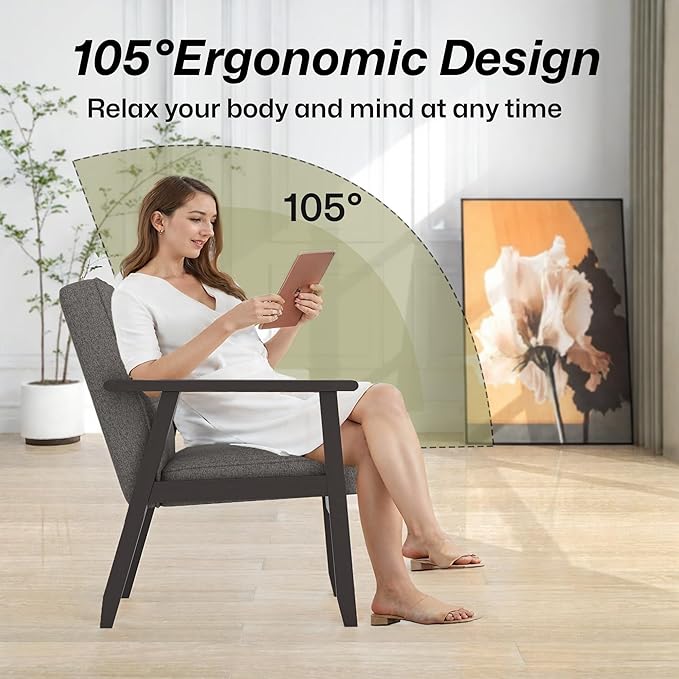 Modern Accent Chair with Wooden Table, Upholstered Linen Fabric Leisure Chair Comfy Side Chair with Backrest Button and Arm Rest for Living Room Bedroom Reading(Gray)