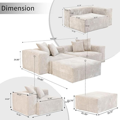 WJShome Cloud Couch Modular Sectional Sofa,102inch L Shaped Sofa with Ottoman,Beige 3 Seater Corduroy Couch,Convertible Sectional Sofa for Living Room,Cushion Covers Removable& Washable