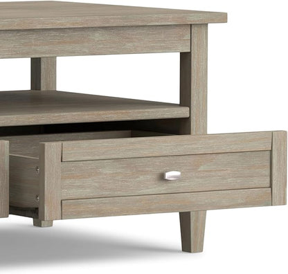 SIMPLIHOME Warm Shaker Coffee Table - 48 inch Wide Solid Wood Cocktail Table in Distressed Grey, Transitional Living Room Table with 2 Storage Drawers and Open Shelf for Sitting Area or Lounge
