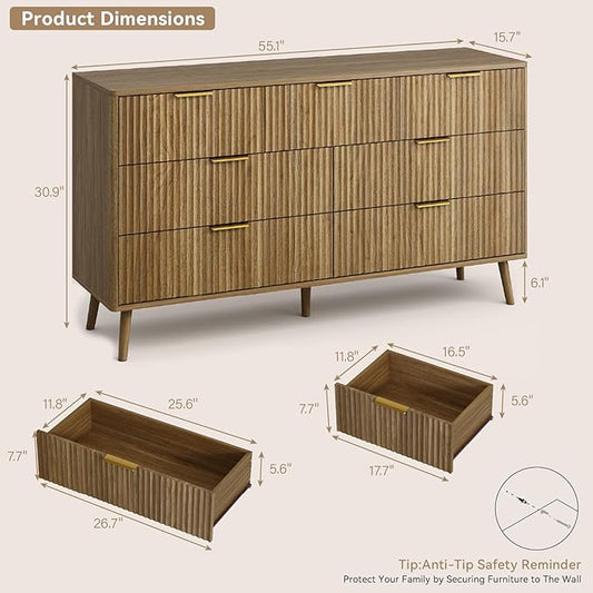 CARPETNAL Fluted 7 Drawer Dresser for Bedroom, 55" Wide Wooden Chest of Drawers with Rounded Corners, Gold Handles, Modern Storage Organizer for Bedroom, Hallway(Walnut)