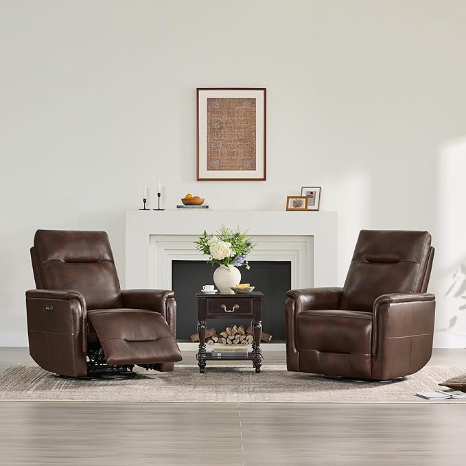 Watson & Whitely Genuine Leather Power Recliner Chairs W Power Headrest for Adults, Swivel Glider Recliner Chair W Charging Ports for Living Room, Dark Brown