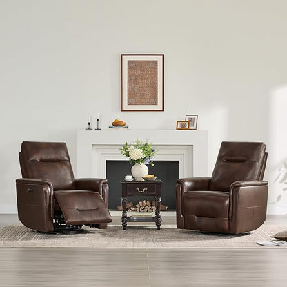 Watson & Whitely Genuine Leather Power Recliner Chairs W Power Headrest for Adults, Swivel Glider Recliner Chair W Charging Ports for Living Room, Dark Brown