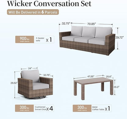 Swivel Glider 6 Piece Outdoor Furniture Set with Swivel Chairs, Wicker Patio Furniture with 4.92" Wide Armrest, 26.3" Deep Seating and 5.5" Thick Cushions, Grey