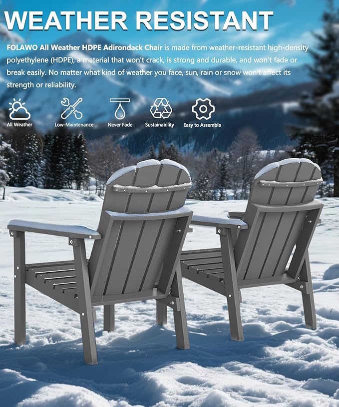 Adirondack Chair, All Weather HDPE Fire Pit Chairs, Oversized Plastic Adirondack Chair for Outdoor, Balcony, Deck, Backyard, Patio, Garden, Poolside, Lawn Grey