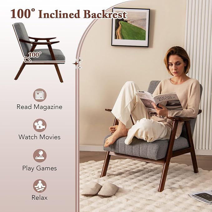 Giantex Mid-Century Modern Accent Chair Set of 2, Upholstered Comfy Living Room Chair with Arms, Anti-slip Felt Pads, Wooden Frame Soft Padded Armchair for Living Room Bedroom Office Study, Light Grey