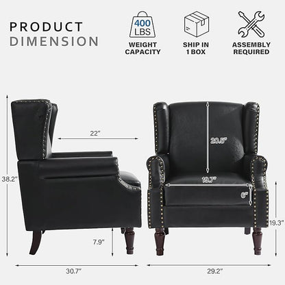 Lumibee Accent Chairs, Faux Leather High Back Armchair Set of 2 or Living Room, Comfy Upholstered Single Sofa Reading Chairs with Solid Wood Legs for Office, Bedroom, Waiting Room-Black