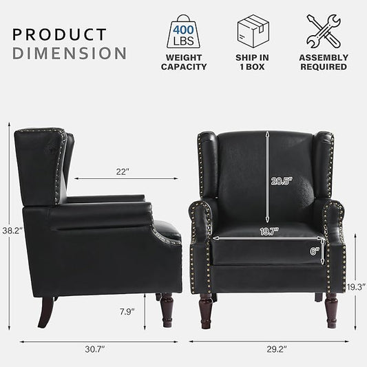 Lumibee Accent Chairs, Faux Leather High Back Armchair Set of 2 or Living Room, Comfy Upholstered Single Sofa Reading Chairs with Solid Wood Legs for Office, Bedroom, Waiting Room-Black
