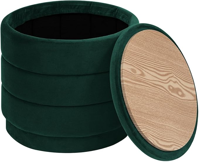 PINPLUS Round Velvet Ottoman Tray, Bottle Green Upholstered Decorative Accent for Footstool or Coffee Table, Removable Serving Surface