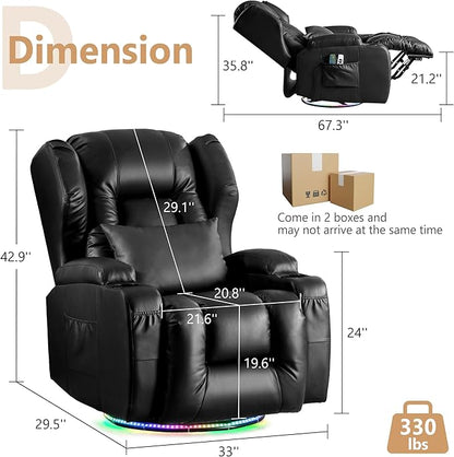 Power Swivel Rocker Recliner Chairs, Electric Wall Hugger Reclining Sofa with Massage & Heat, Comfy Theater Seating Single Chair with LED Light/USB/Type-C Ports (Leather Black, Single Chair)