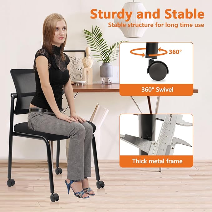 CLATINA Stacking Armless Office Guest Chair with Wheels, Stackable Mesh Waiting Room Reception Desk Chairs with Adjustable Backrest for Conference Lobby Side School, Black, 4PK
