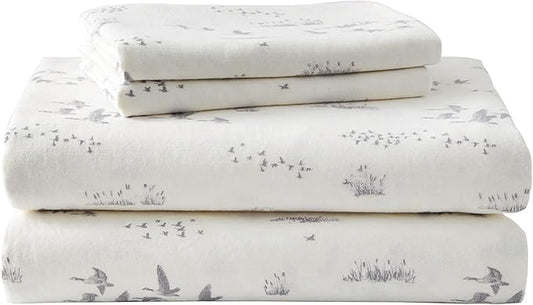 Eddie Bauer - Flannel Sheets King Size, Anti-Pilling & Wrinkle Resistant Cotton, Touchably Soft for All-Season Comfort - Bed Sheets with Matching Pillowcases & Fitted Sheet (Geese Meadow Yellow)