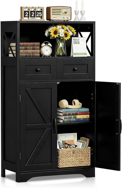 SUPER DEAL Farmhouse Storage Cabinet, Bathroom Floor Cabinet Kitchen Pantry with Doors and Drawers, Hutch Cupboard for Living Room, Bedroom, Laundry, Black