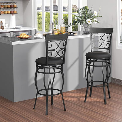 Giantex 30" Swivel Bar Stools Set of 4, Bar Height Bar Stools with Back, Upholstered PU Leather Seat, Footrest, Max Load 330Lbs, Vintage Metal Barstools for Kitchen Island, Dining Room, Pub, Black