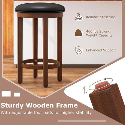 COSTWAY Upholstered Bar Stools Set of 2, 25” Counter Height Bar Chairs with Padded Cushion & Wooden Frame, Faux Leather Backless Stools for Kitchen, Dining Room, Pub, Black + Walnut