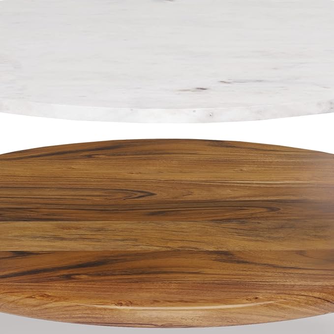 SIMPLIHOME Wagner Coffee Table - 30 inch Wide Solid Acacia Wood and Genuine Marble Round Living Room Table in White and Natural, Mid-Century Modern Table for Family Room with Gold Metal Base and Legs