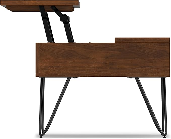 SIMPLIHOME Hunter Small Lift Top Coffee Table - 36 inch Wide Solid Walnut Veneer and Metal Industrial Cocktail Table, Living Room Table with Hidden Storage, 2 Cubbies, and Hairpin Legs