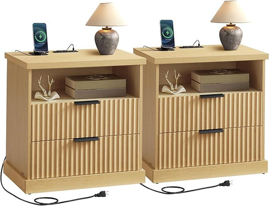 VASAGLE MAXE Collection - Set of 2 Nightstands with Charging Station, Fluted Night Stand, Bedside Table, Mid Century Modern Side End Table, 2 Drawers, 2 AC Outlets, 2 USB Ports, Oak Beige ULET926Y01