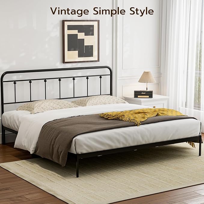 California King Size Headboard with Black Metal Construction, Adjustable Height, Sturdy Farmhouse Style Wrought Iron Headboards Only