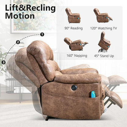 Large Power Lift Recliner Set of 2 with Massage and Heat for Elderly, Faux Leather Electric Lifting Recliners with USB Port, Oversized Reclining Sofa Chair for Living Room, Brown