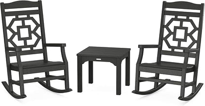 Martha Stewart by POLYWOOD Chinoiserie 3-Piece Outdoor Rocking Chair Set with Patio Side Table, Black, HDPE All-Weather Furniture, Classic Porch Rockers for Deck, Garden & Backyard, Made in The USA