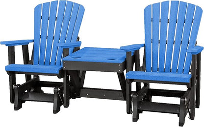 DutchCrafters Slat Fan Back Double Poly Adirondack Glider Outdoor Patio Chairs with Center Table (Black & Blue)