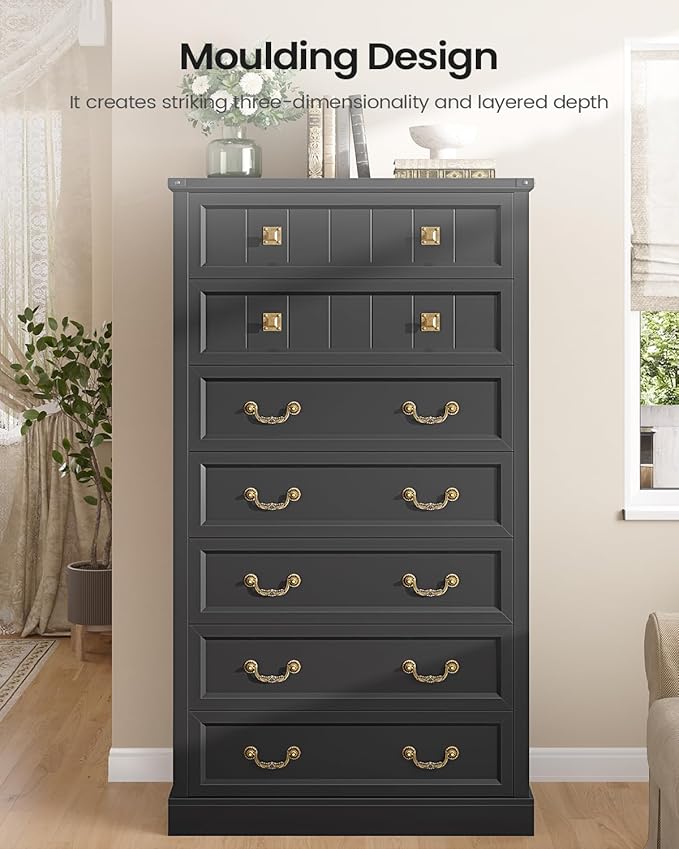 AOGLLATI Farmhouse Dresser with 7 Drawers, 58.7”Tall Wooden Chest of Drawers with Natural Texture, Vintage Design, Black Dresser for Bedroom, Black