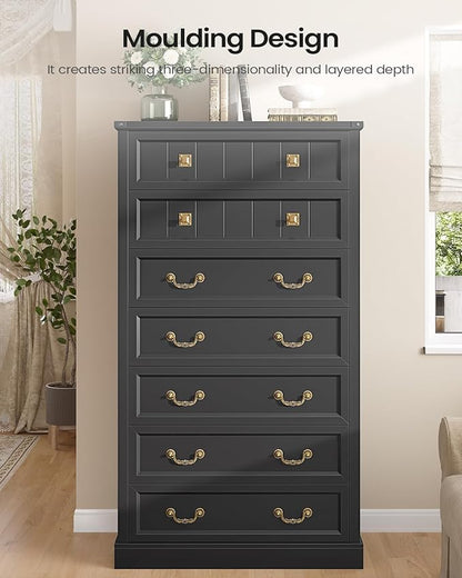 AOGLLATI Farmhouse Dresser with 7 Drawers, 58.7”Tall Wooden Chest of Drawers with Natural Texture, Vintage Design, Black Dresser for Bedroom, Black