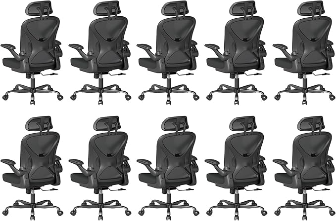 ZZH Ergonomic Office Chair Set of 10 with Adjustable Lumbar Support and Headrest, Mesh Home Office Desk Chair with Wheels and Flip-up Arms, Black