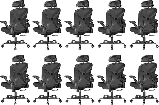 ZZH Ergonomic Office Chair Set of 10 with Adjustable Lumbar Support and Headrest, Mesh Home Office Desk Chair with Wheels and Flip-up Arms, Black