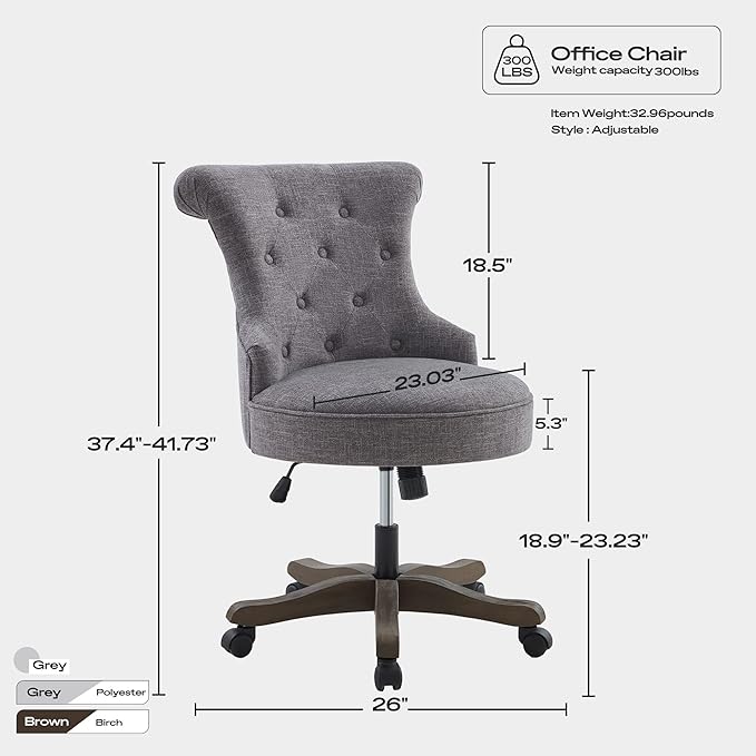 Home Office Chair Adjustable Height Swivel Chair with Wheels Linen Fabric Upholstered Computer Desk Chair with Wooden Legs Comfortable Armless Chair for Home Office Study Studio(Grey)