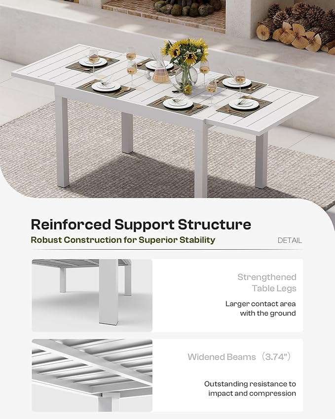 Expandable Outdoor Patio Dining Table Set for 6-8 Person, Aluminum Outdoor Table and 6 Chairs with Textilene Fabric & HDPS Armrest, All-Weather Patio Furniture Set for Yard, Garden, White