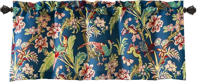Lush Decor Dolores Light Filtering Valance Curtains Single, 52" W x 18" L Navy & Multi -Valances for Windows - Vintage Valance Floral - Coquette Decor