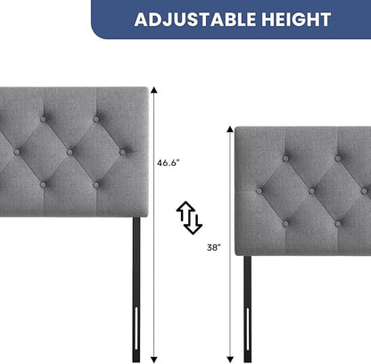 Tufted Upholstered Headboard Queen Size, Solid Wood Head Board with Durable Metal Legs, Linen Fabric Padded Headboard, Adjustable Height from 37” to 51”, Modern Button Design Head Board, Grey