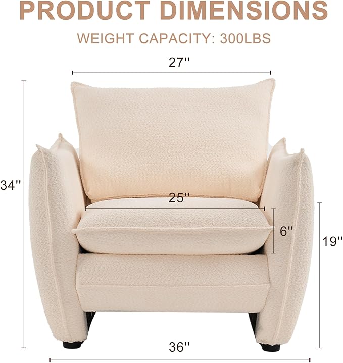 Oversized Armchair, Modern Accent Chair Upholstered in Soft Cloud Fabric with Plush Cushions – Comfy Lounge Chair for Reading Nook, Living Room, and Bedroom (Beige, Set of 2)
