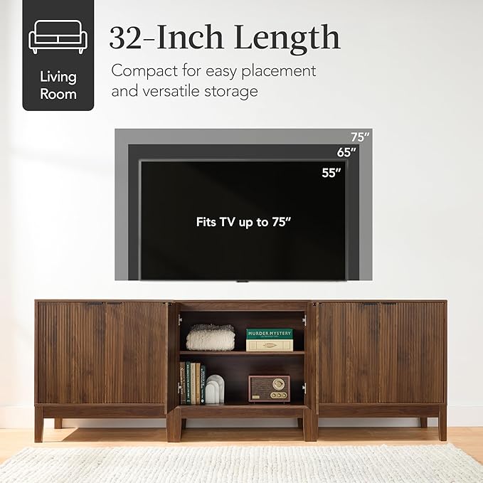 Best Choice Products 2-Door Modern Storage Cabinet, Buffet, Sideboard, Media Cabinet, Cupboard, Entryway Accent Table, Bookcase w/Reeded Panels and Adjustable Shelves – Walnut