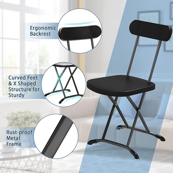 GYMAX Folding Chair, 400lbs Plastic Chairs Set with Steel Frame & Ergonomic Curved Back, Indoor & Outdoor Commercial Event Seat for Meeting, Wedding, Stackable Lightweight Folding Chairs (8, Black)