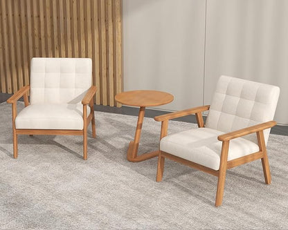Modern Accent Chair with Wooden Table, Upholstered Linen Fabric Leisure Side Chair with Arm Rest and Wooden Frame for Living Room Bedroom Reading (Beige)