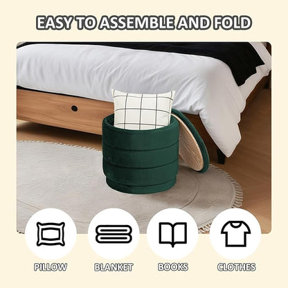 PINPLUS Round Velvet Ottoman Tray, Bottle Green Upholstered Decorative Accent for Footstool or Coffee Table, Removable Serving Surface