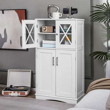 Giantex Bathroom Floor Storage Cabinet - Linen Floor Cabinet with Doors and Adjustable Shelves, Freestanding Side Storage Organizer for Bathroom, Living Room, Entryway, Kitchen Storage Unit (White)