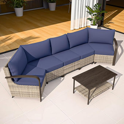 COOS BAY Aurora Terrace Half-Moon Outdoor Furniture Set, Rattan Conversation Set with Curved 5-Seat Sofa, Coffee Table, Seats 5, Beige/Blue