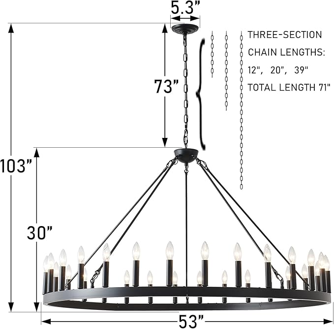 53 Inch Large Black Wagon Wheel Chandelier 30-Light Farmhouse Wagon Wheel Chandeliers Round Industrial Ceiling Light fixtures for Outdoor Porch high Ceilings Living Dining Room Foyer Entryway