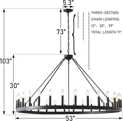 53 Inch Large Black Wagon Wheel Chandelier 30-Light Farmhouse Wagon Wheel Chandeliers Round Industrial Ceiling Light fixtures for Outdoor Porch high Ceilings Living Dining Room Foyer Entryway
