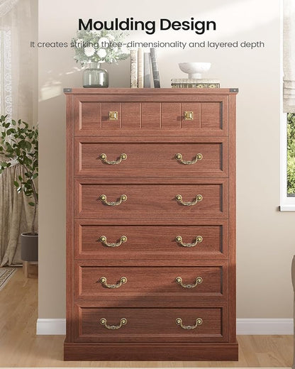 AOGLLATI Farmhouse Dresser with 6 Drawers, 51.2”Tall Wooden Rustic Chest of Drawers with Natural Texture, Vintage Design, Bedroom Dressers with Drawers for Bedroom, Oak Brown
