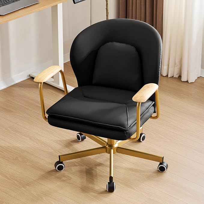 Furniliving Leather Office Chairs,Gold Office Chair, Adjustable Swivel Computer Chair with Golden Legs and Wooden Padded Armrest, Modern Upholstered Task Chair with Wheels,Black